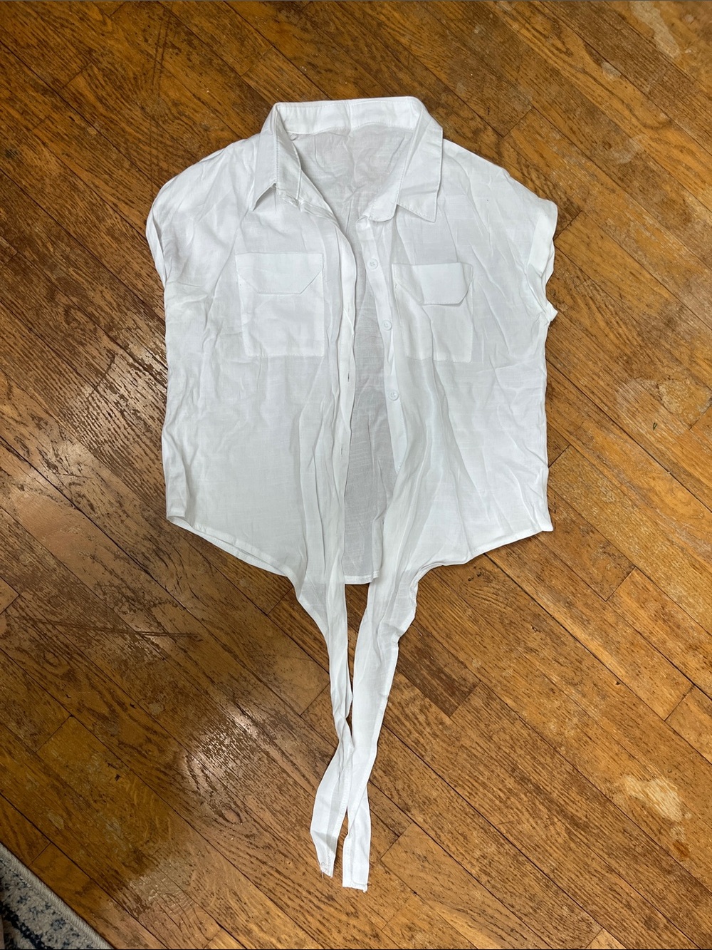 Crisp White Waist Tie Button-Up Shirt with Patch Pockets